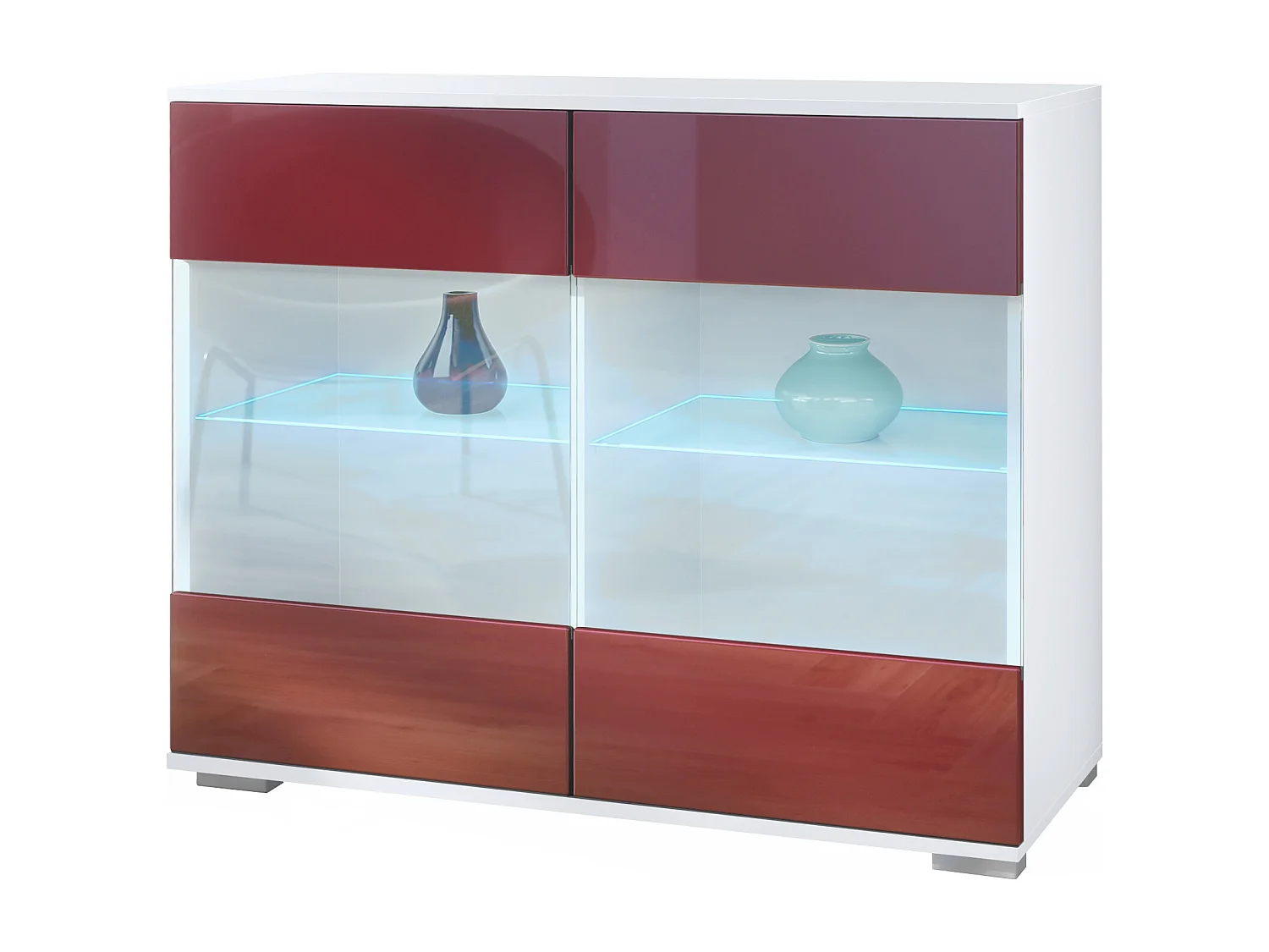 Commode Bari V3, Armoire de cuisine moderne avec 2 grandes portes vitrées incl. éclairage RGB blanc mat / bordeaux haute brillance (92,5 x 75.5 x 35)