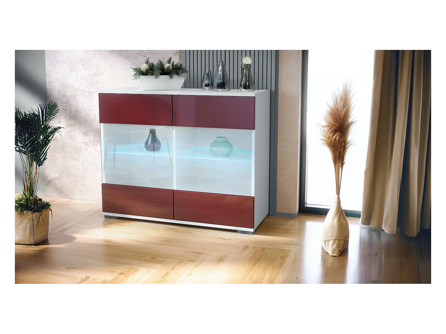 Commode Bari V3, Armoire de cuisine moderne avec 2 grandes portes vitrées incl. éclairage RGB blanc mat / bordeaux haute brillance (92,5 x 75.5 x 35)