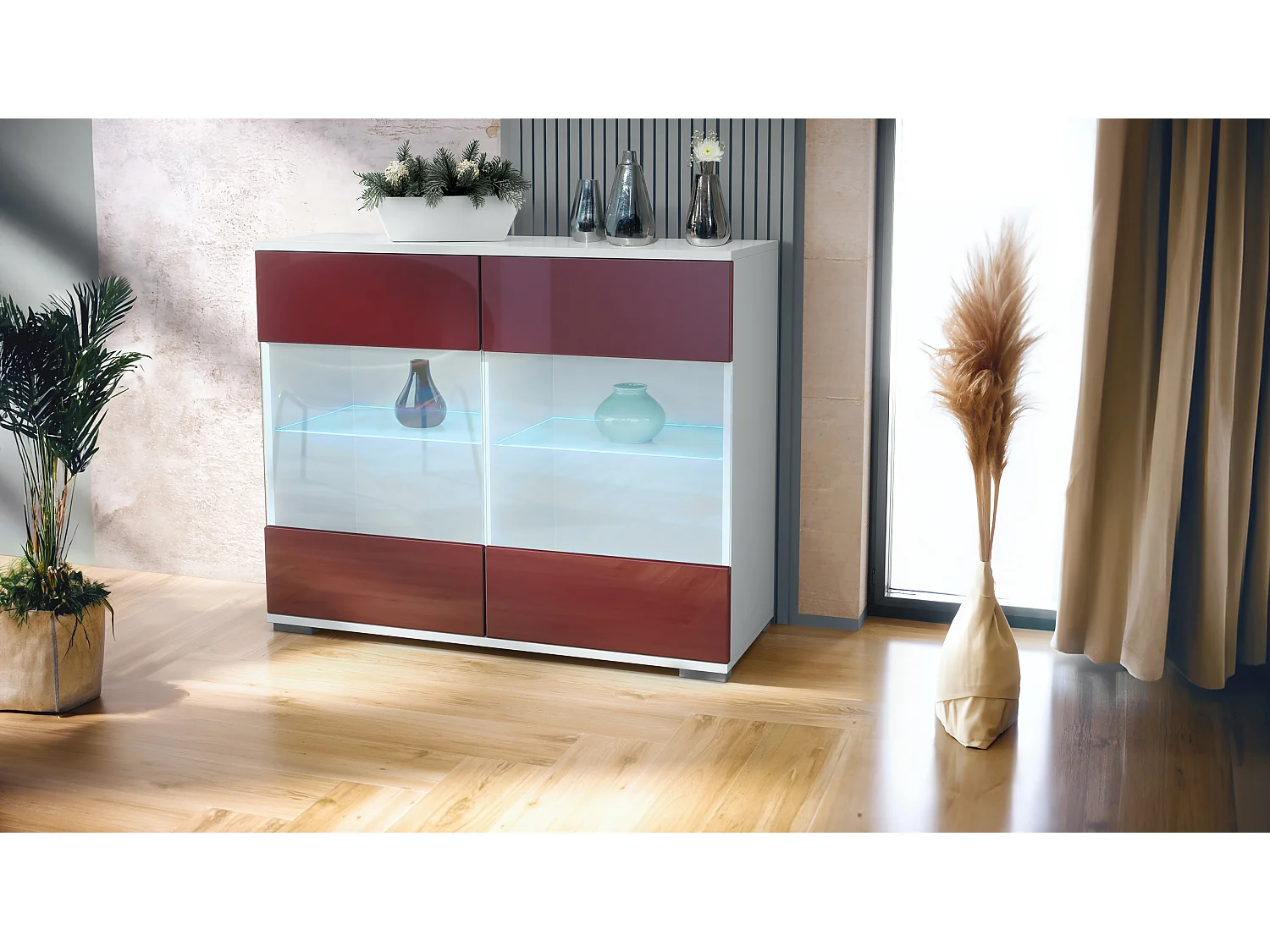 Cómoda Bari V3, Moderno armario de cocina con 2 grandes puertas de cristal incl. iluminación RGB blanco mate / burdeos de alto brillo (92,5 x 75.5 x 35)