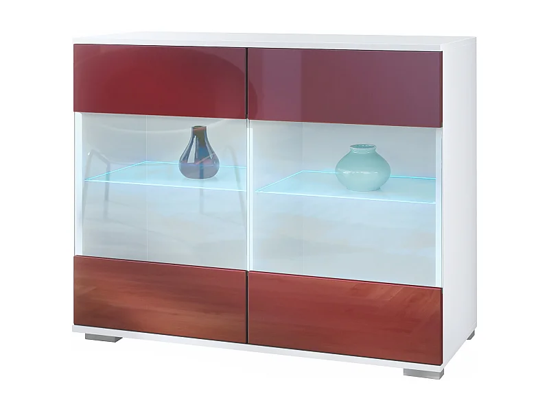Commode Bari V3, Armoire de cuisine moderne avec 2 grandes portes vitrées incl. éclairage RGB blanc mat / bordeaux haute brillance (92,5 x 75.5 x 35)