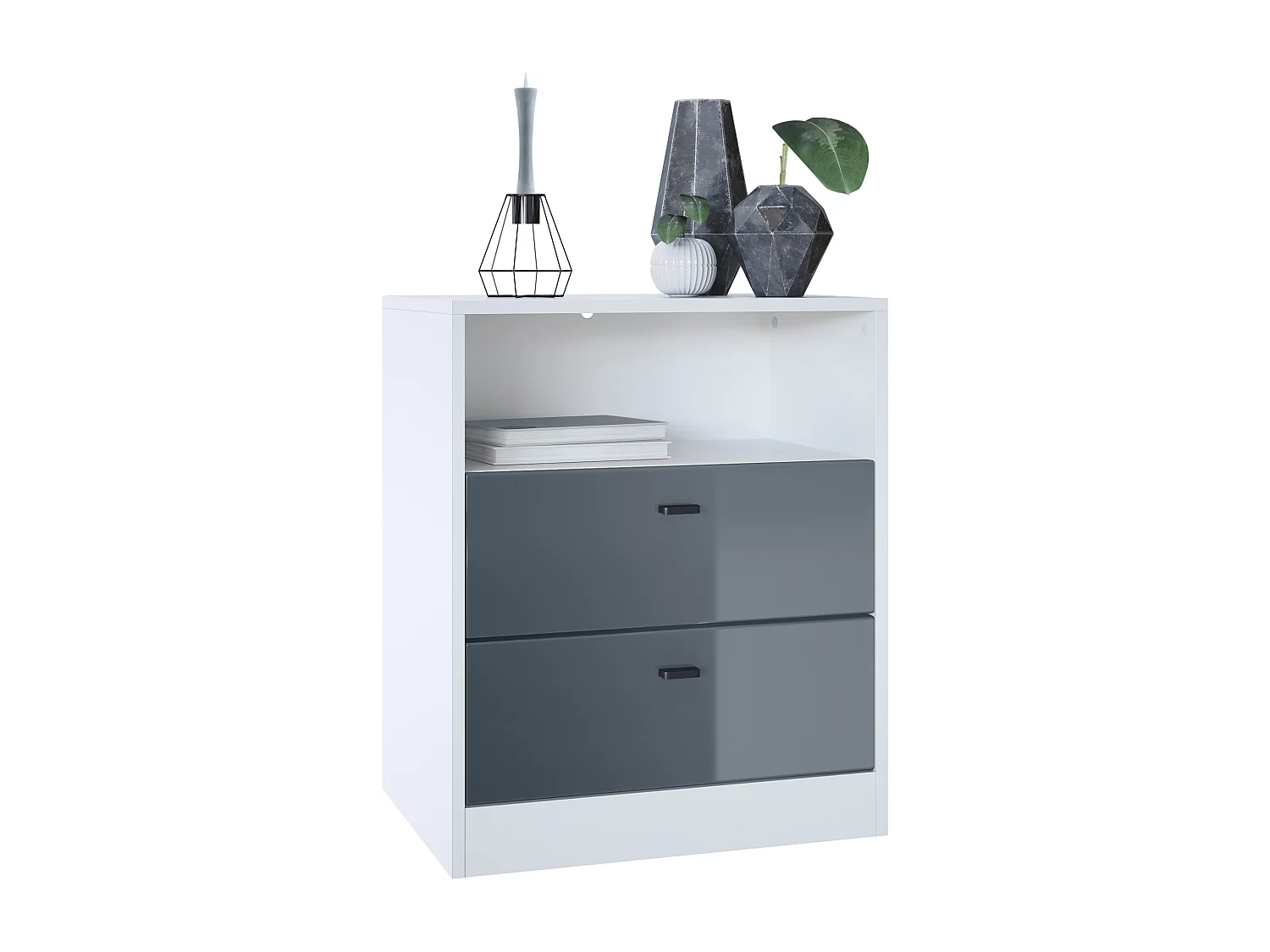 Buffet Pino V1, table de chevet avec 2 tiroirs & 1 compartiment ouvert,blanche mat/Gris haute brillance sans LED (56 x 67,5 x 36 cm)