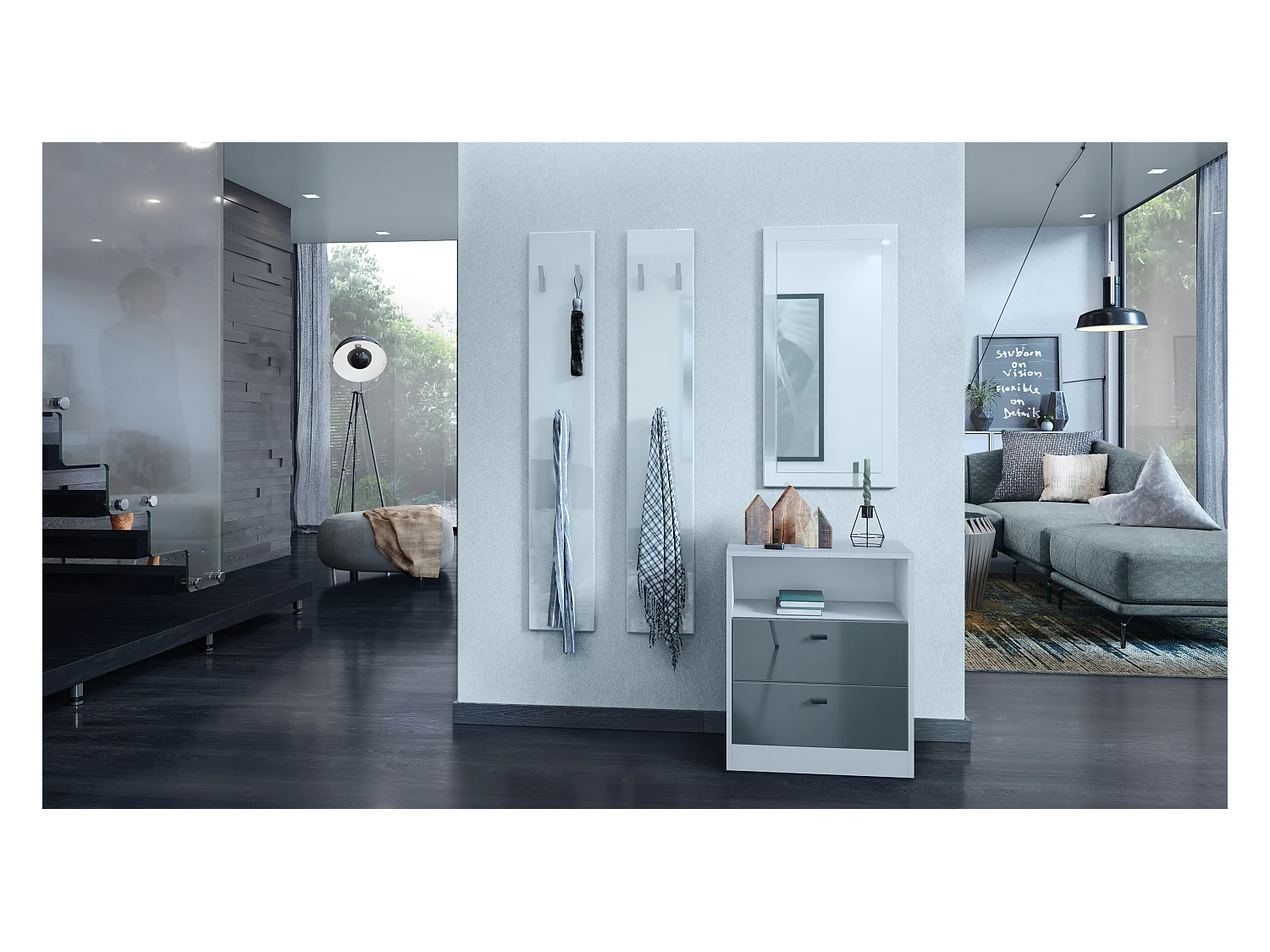 Buffet Pino V1, table de chevet avec 2 tiroirs & 1 compartiment ouvert,blanche mat/Gris haute brillance sans LED (56 x 67,5 x 36 cm)