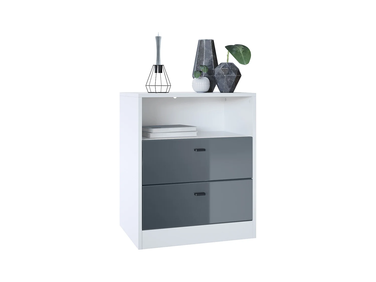 Buffet Pino V1, table de chevet avec 2 tiroirs & 1 compartiment ouvert,blanche mat/Gris haute brillance sans LED (56 x 67,5 x 36 cm)