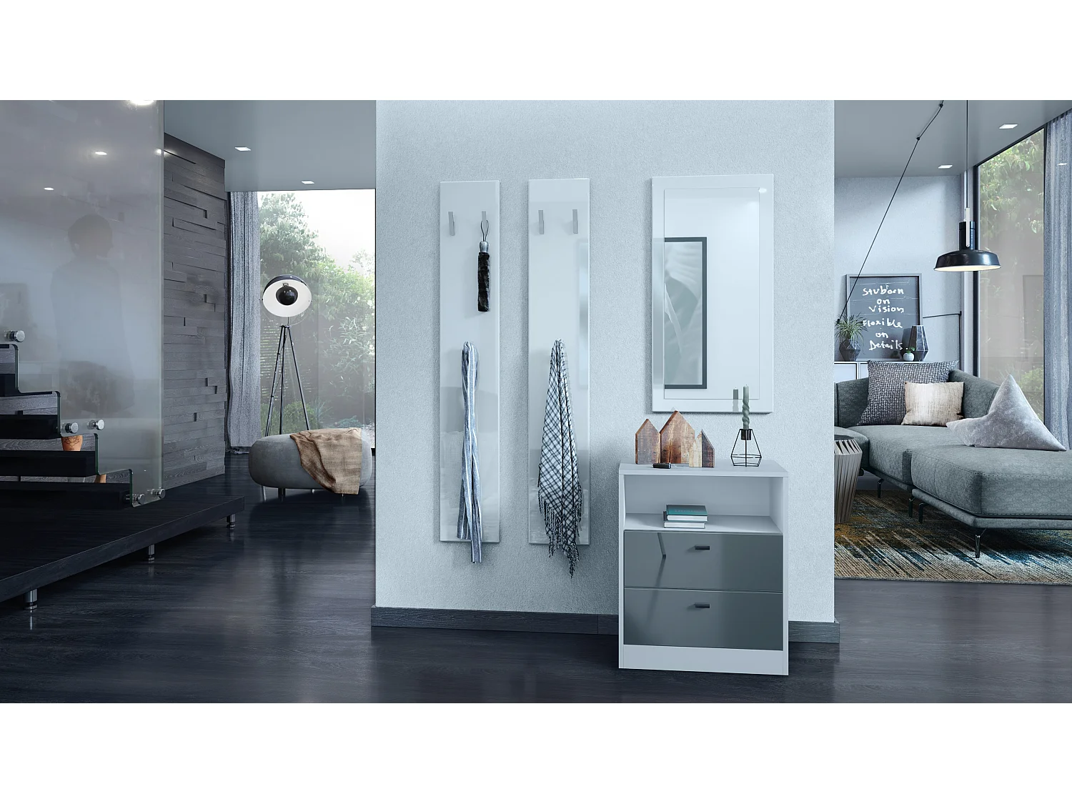 Cassettiera Pino V1, Comodino con 2 cassetti e 1 vano a giorno, Bianco opaco/Grigio High Gloss senza LED (56 x 67,5 x 36 cm)