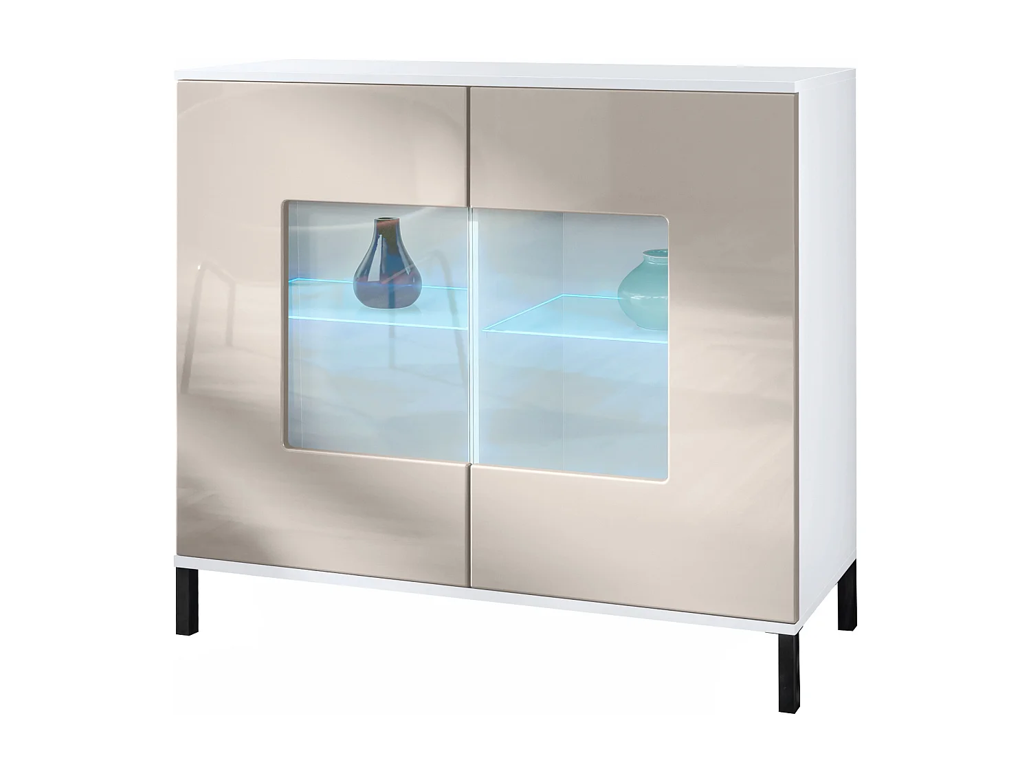 Commode Grömitz V3, Armoire de cuisine moderne avec 2 grandes portes vitrées incl. éclairage RGB blanc mat / gris sable haute brillance (92,5 x 83.5 x 35)