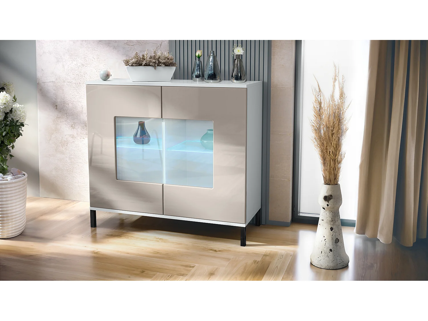 Commode Grömitz V3, Armoire de cuisine moderne avec 2 grandes portes vitrées incl. éclairage RGB blanc mat / gris sable haute brillance (92,5 x 83.5 x 35)