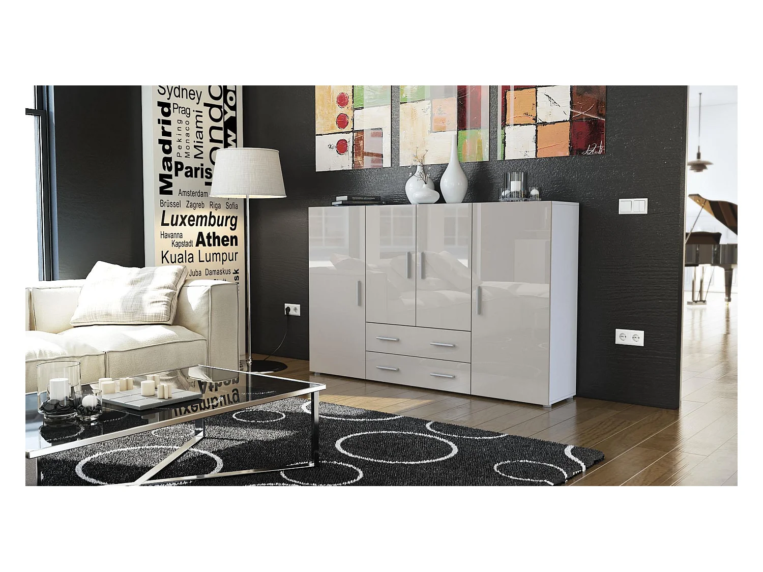 Le Buffet Haut Nora bahut avec 2 tiroirs et 4 portes avec un total de 8 compartiments derrière, blanc mat/gris sable haute brillance (166,5 x 106,5 x 35 cm)