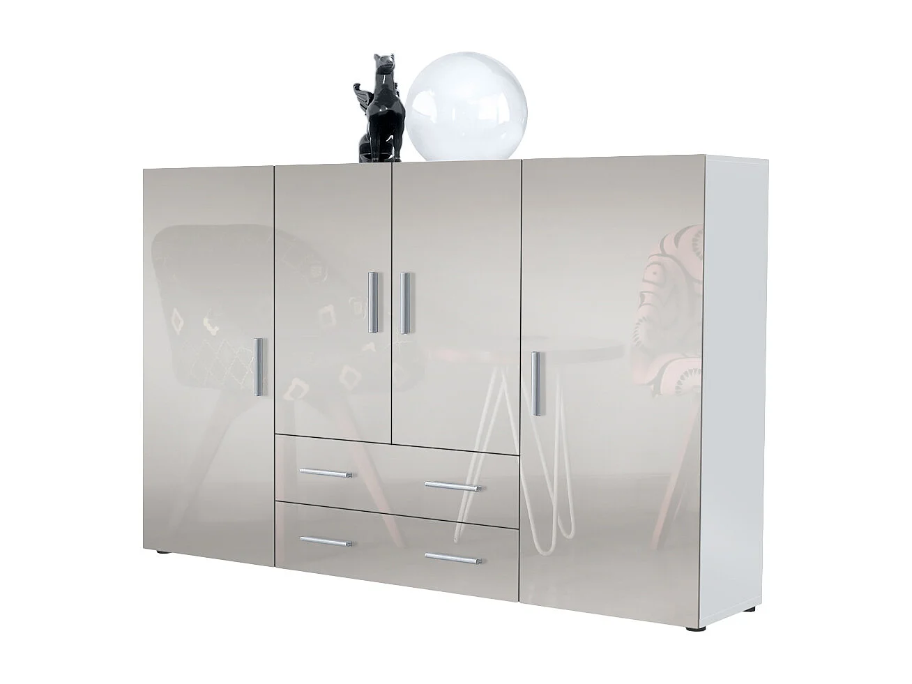 Highboard Nora Sideboard with 2 drawers and 4 doors with a total of 8 compartments behind, bianco opaco/grigio sabbia lucido (166.5 x 106.5 x 35 cm)