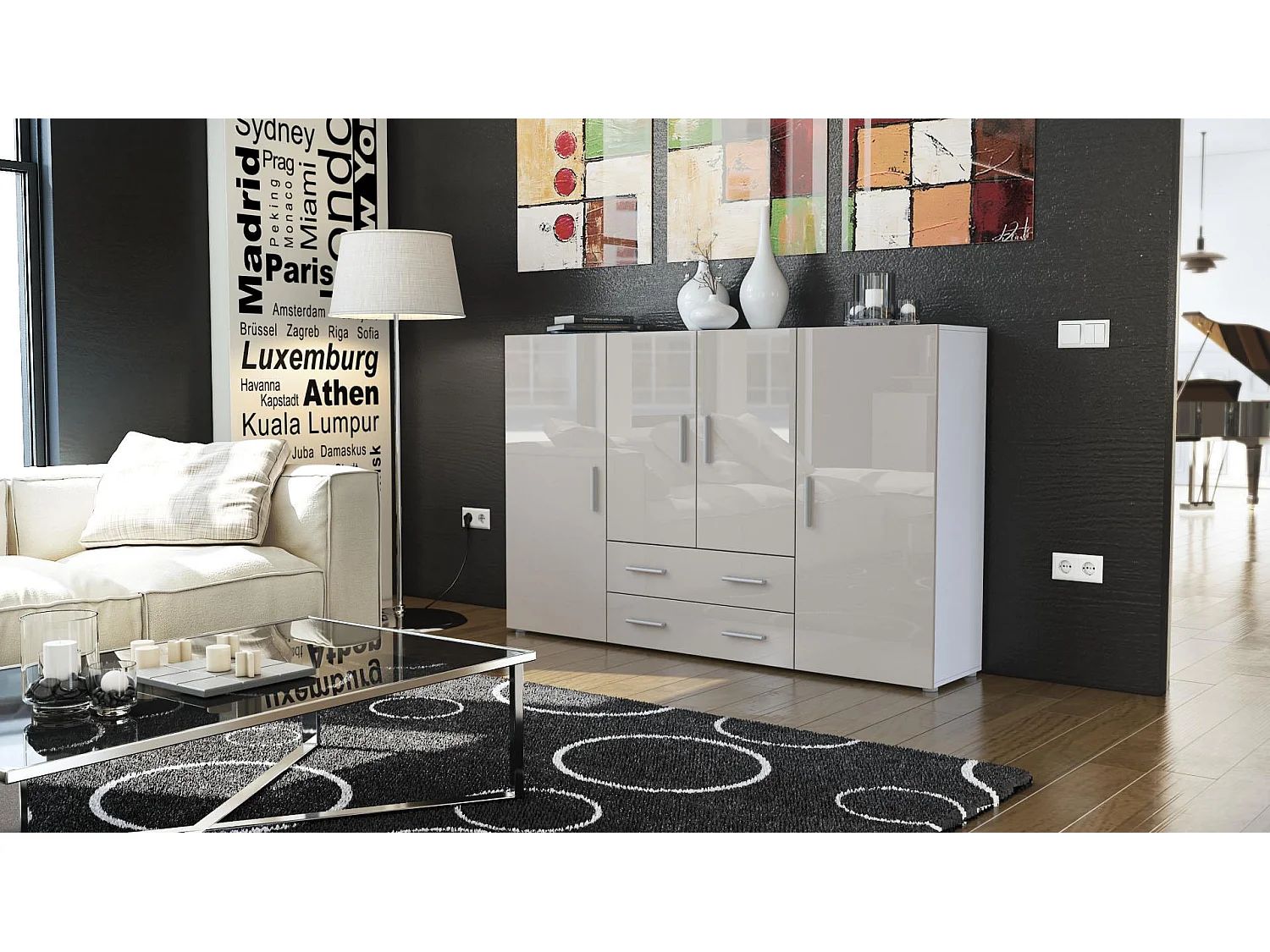 Highboard Nora Sideboard with 2 drawers and 4 doors with a total of 8 compartments behind, bianco opaco/grigio sabbia lucido (166.5 x 106.5 x 35 cm)
