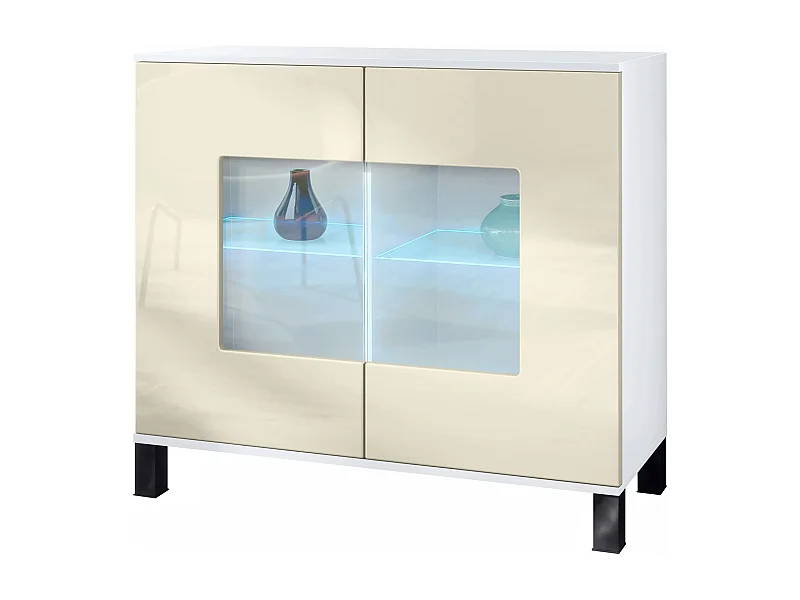 Cómoda Grömitz V3, Moderno armario de cocina con 2 grandes puertas de cristal incl. iluminación RGB blanco mate / crema de alto brillo (92,5 x 84.5 x 35)