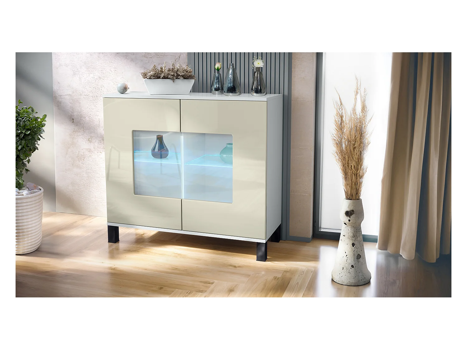 Commode Grömitz V3, Armoire de cuisine moderne avec 2 grandes portes vitrées incl. éclairage RGB blanc mat / crème haute brillance (92,5 x 84.5 x 35)