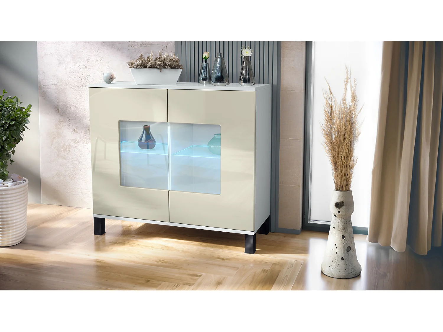 Commode Grömitz V3, Armoire de cuisine moderne avec 2 grandes portes vitrées incl. éclairage RGB blanc mat / crème haute brillance (92,5 x 84.5 x 35)