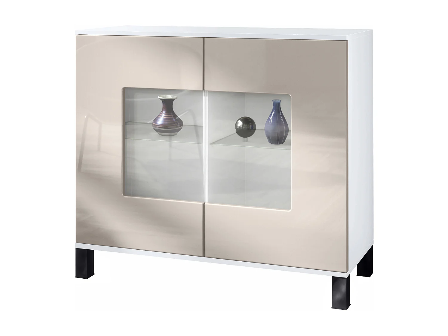 Cómoda Grömitz V3, Moderno armario de cocina con 2 grandes puertas de cristal blanco mate / gris arena de alto brillo (92,5 x 84.5 x 35)
