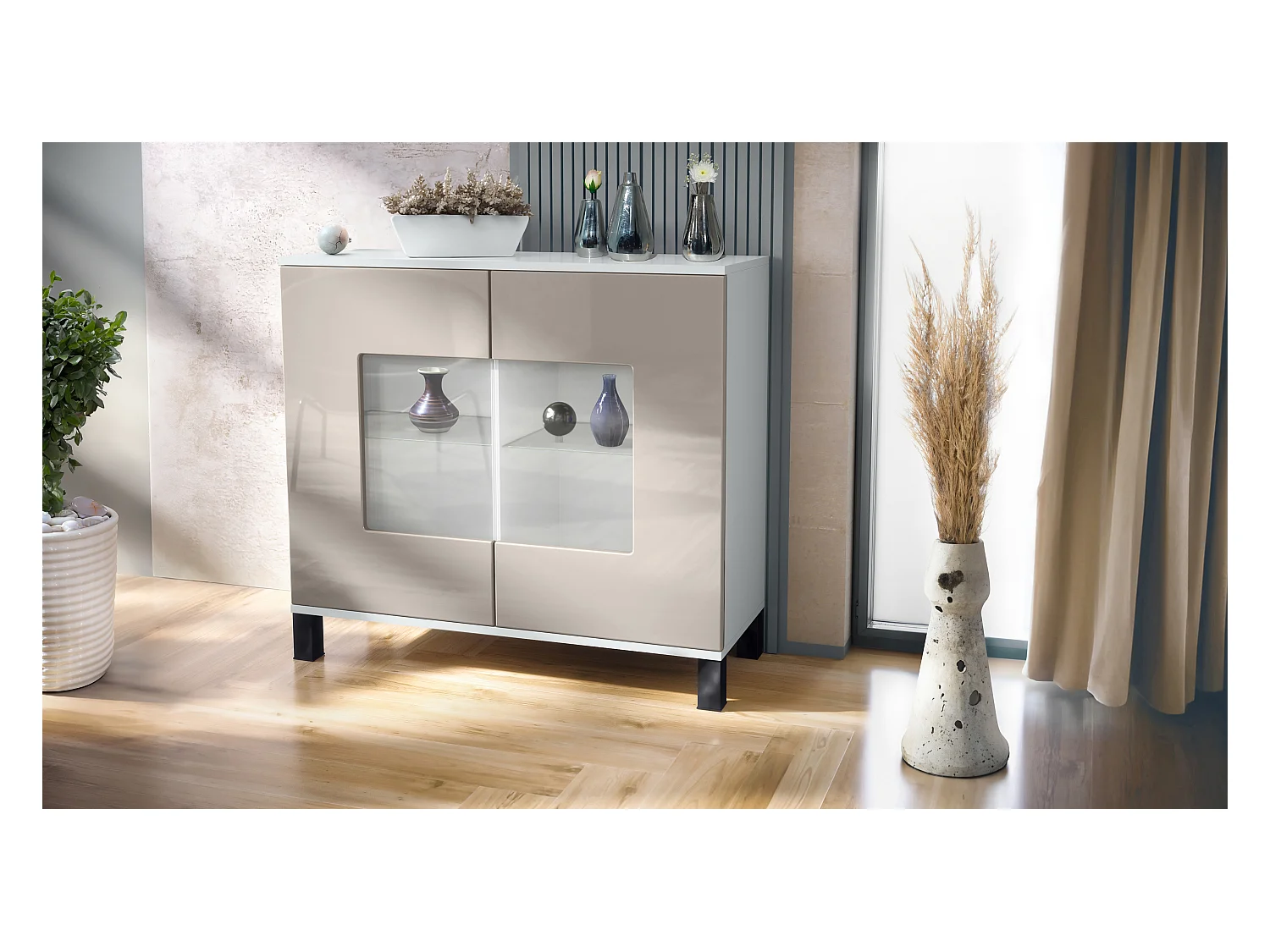 Cómoda Grömitz V3, Moderno armario de cocina con 2 grandes puertas de cristal blanco mate / gris arena de alto brillo (92,5 x 84.5 x 35)