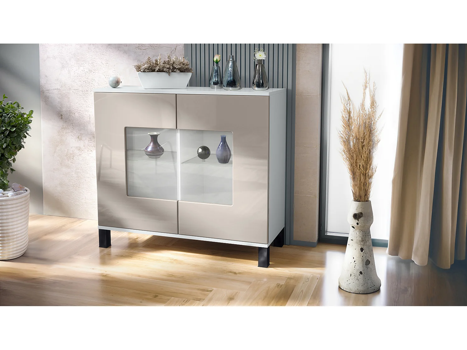 Commode Grömitz V3, Armoire de cuisine moderne avec 2 grandes portes vitrées blanc mat / gris sable haute brillance (92,5 x 84.5 x 35)