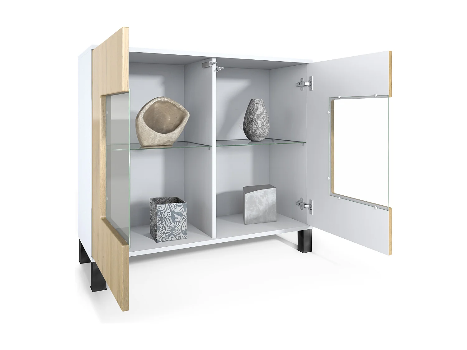 Commode Grömitz V3, Armoire de cuisine moderne avec 2 grandes portes vitrées blanc mat / gris sable haute brillance (92,5 x 84.5 x 35)