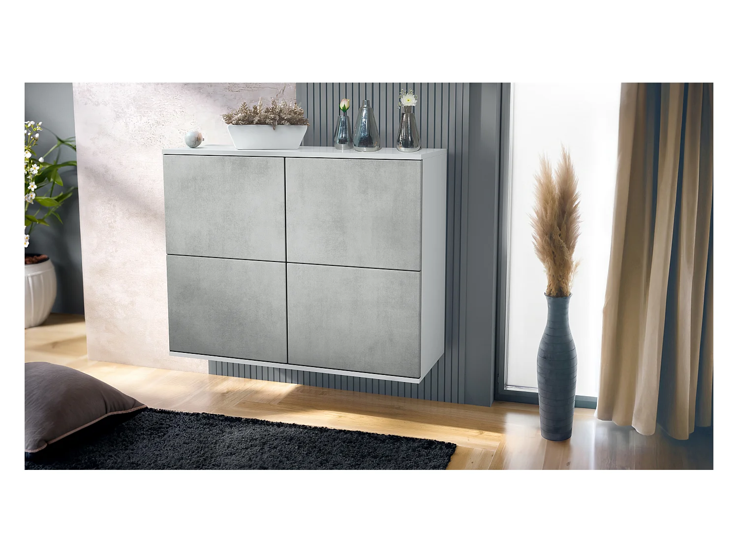 Aparador Rova V3 – Armario de cocina moderno con 4 puertas Push-to-Open blanco mate / hormigón oxidado (92,5 x 73.5 x 35)