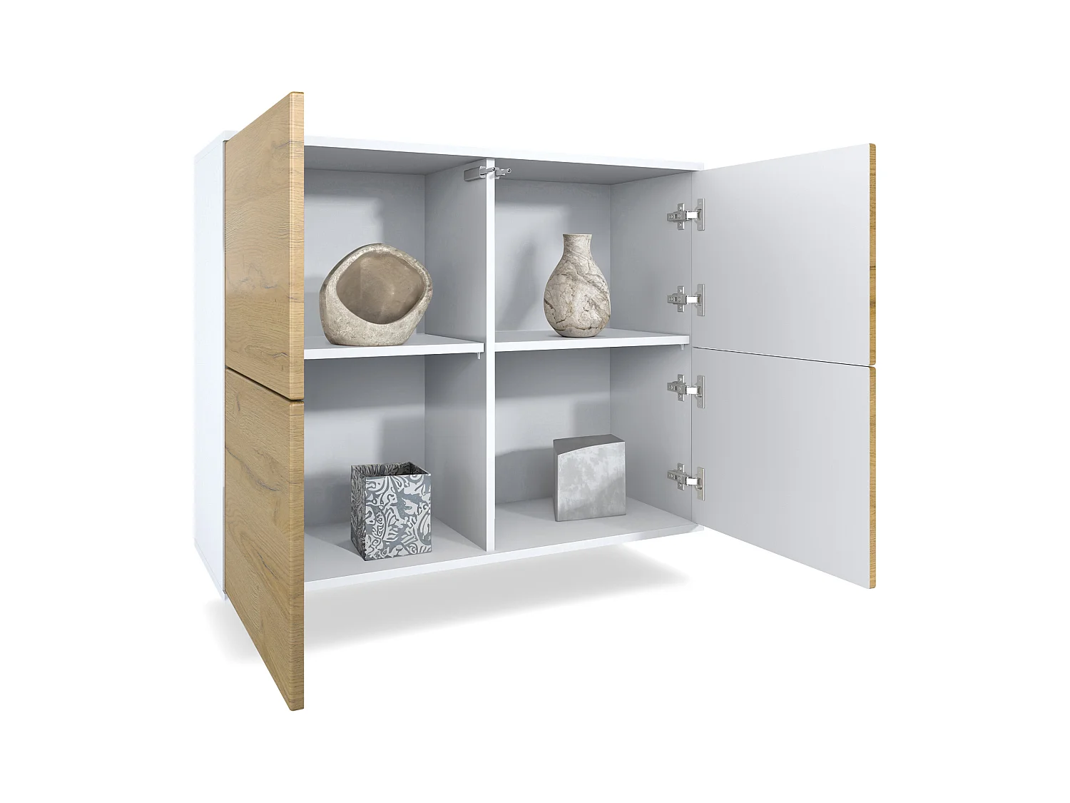 Aparador Rova V3 – Armario de cocina moderno con 4 puertas Push-to-Open blanco mate / hormigón oxidado (92,5 x 73.5 x 35)