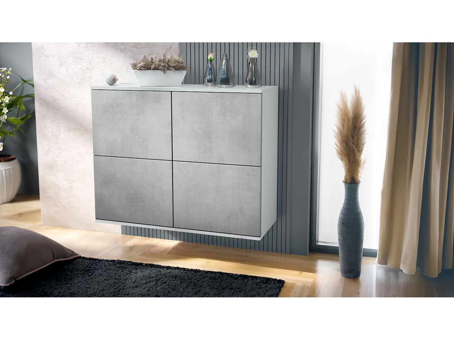 Credenza Rova V3 – Mobile da cucina moderno con 4 ante Push-to-Open bianco opaco / ottica cermento ossido (92,5 x 73.5 x 35)