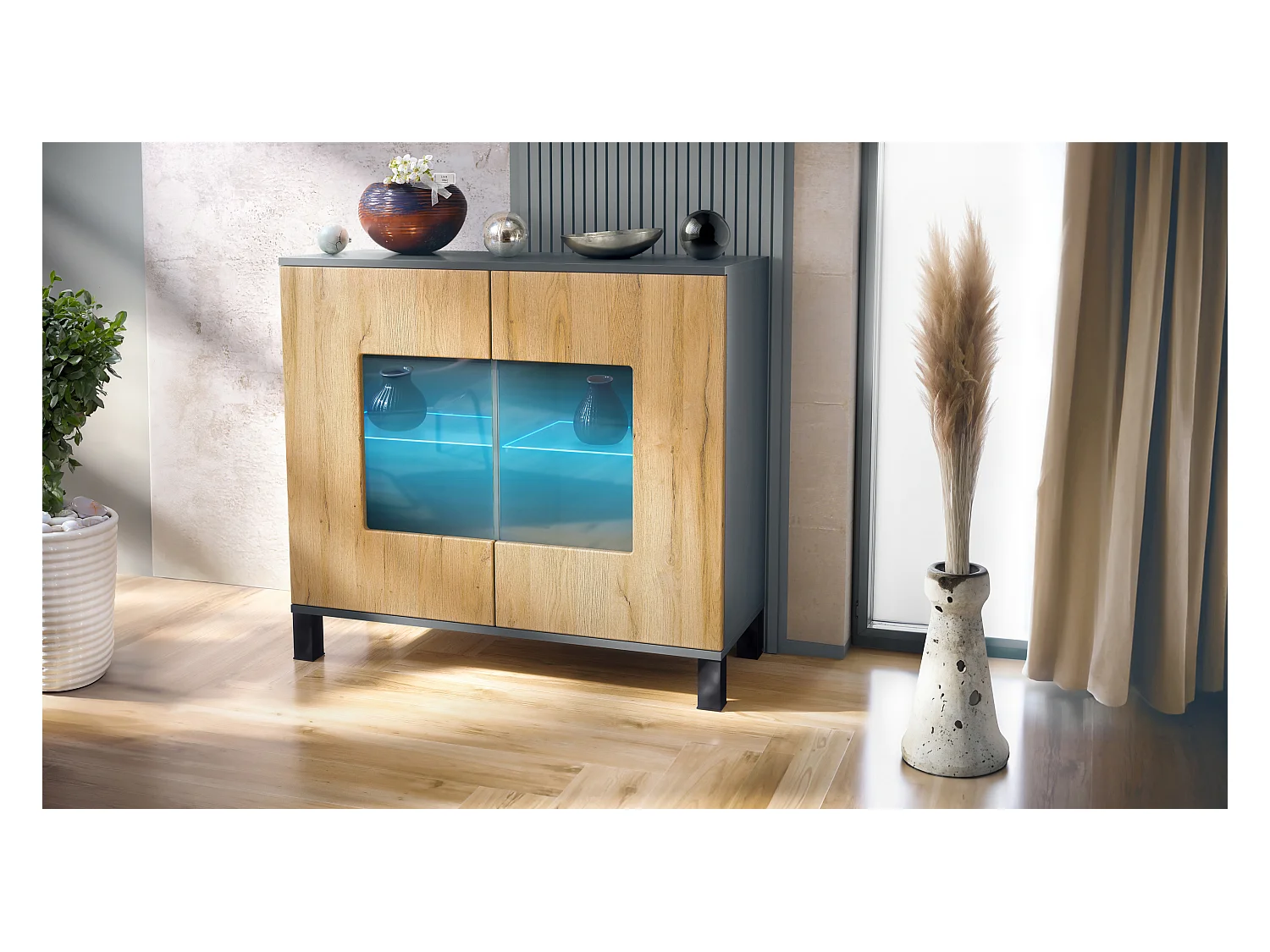 Commode Grömitz V3, Armoire de cuisine moderne avec 2 grandes portes vitrées incl. éclairage RGB anthracite mat / chêne nature (92,5 x 84.5 x 35)