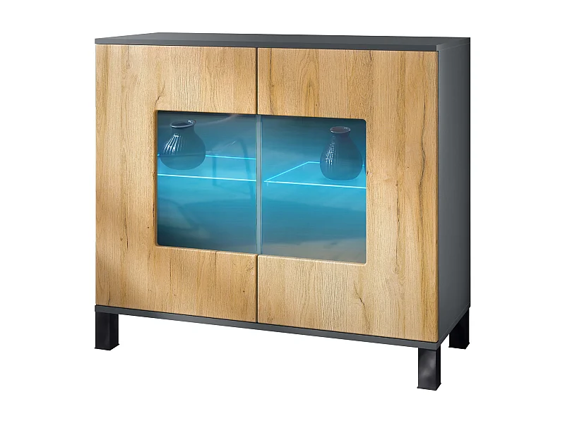 Cassettiera Grömitz V3, Mobile da cucina moderno con 2 grandi ante in vetro incl. illuminazione RGB antracite opaco  / rovere naturale (92,5 x 84.5 x 35)