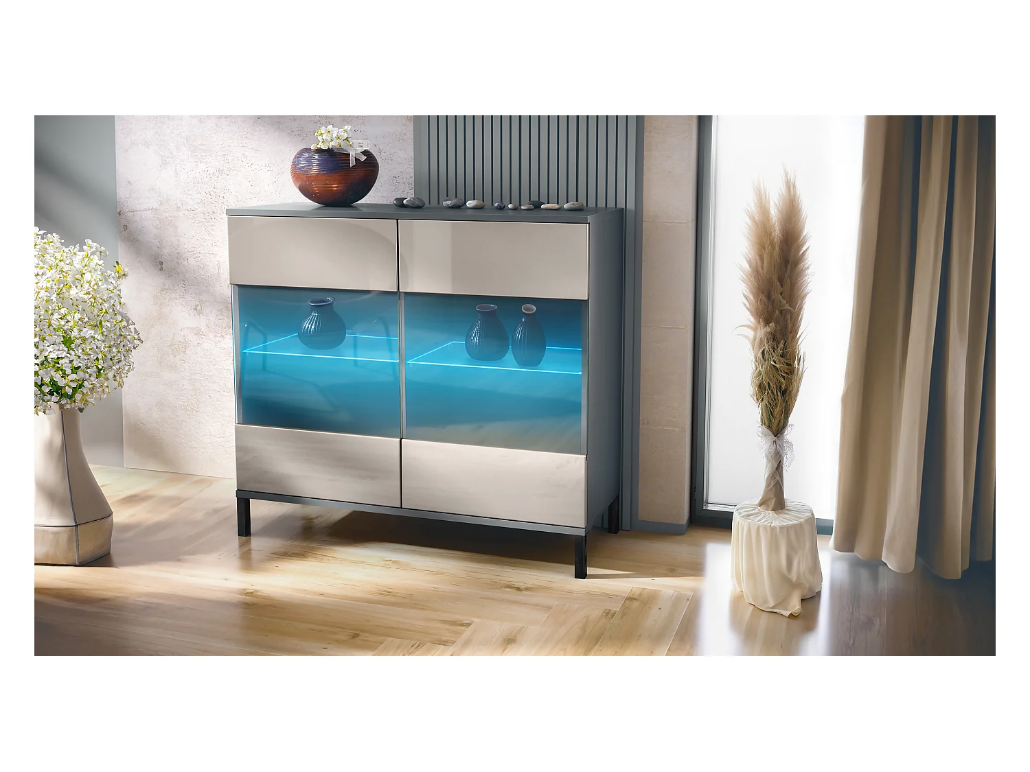 Commode Bari V3, Armoire de cuisine moderne avec 2 grandes portes vitrées incl. éclairage RGB anthracite mat / gris sable haute brillance (92,5 x 83.5 x 35)