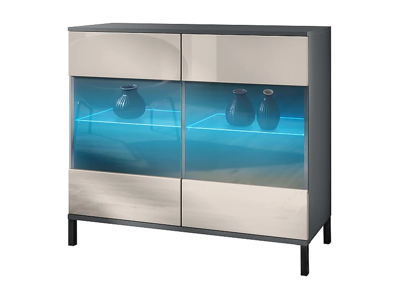 Commode Bari V3, Armoire de cuisine moderne avec 2 grandes portes vitrées incl. éclairage RGB anthracite mat / gris sable haute brillance (92,5 x 83.5 x 35)