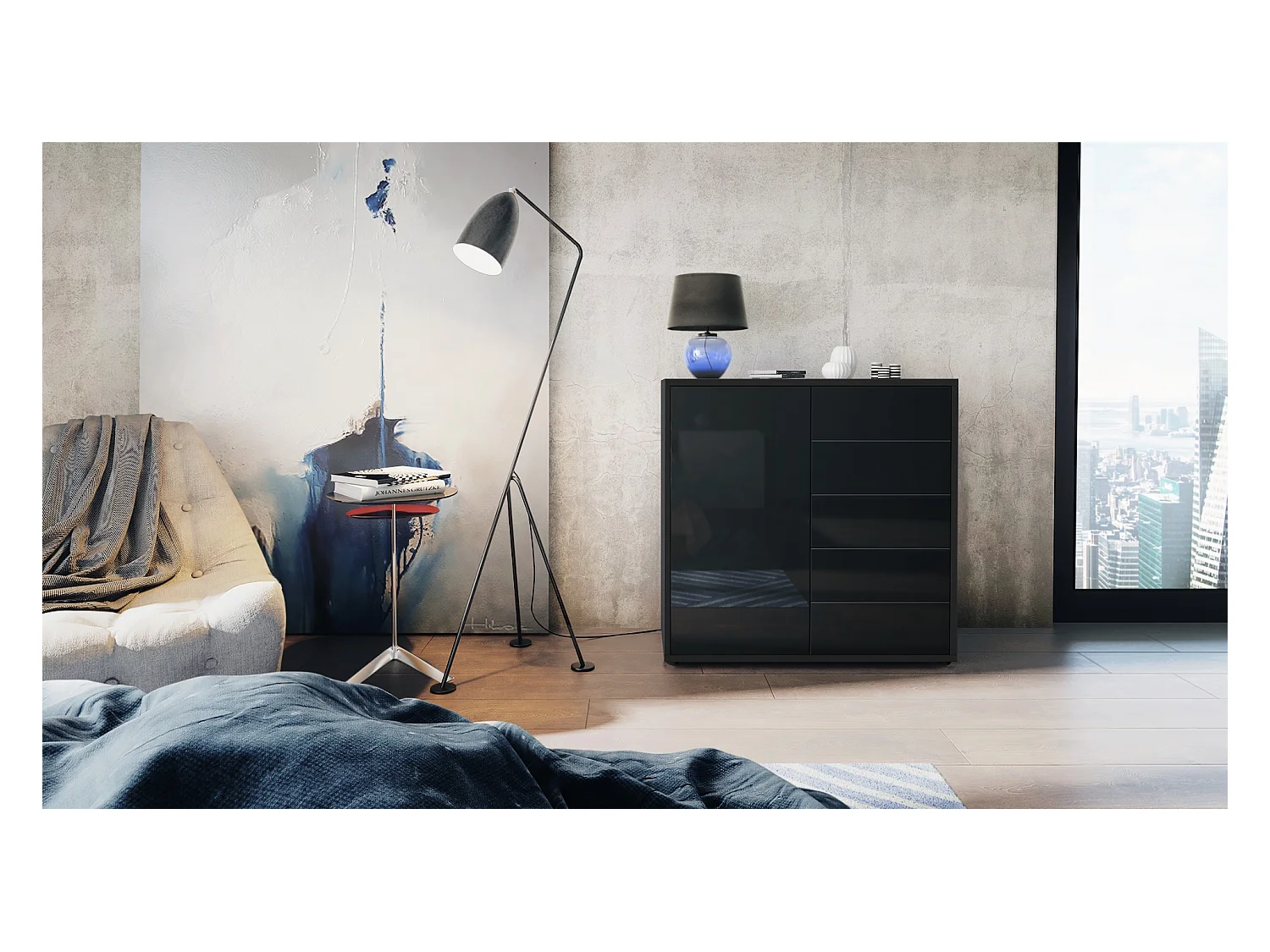 KOMMODE Ben Front in Schwarz Hochglanz