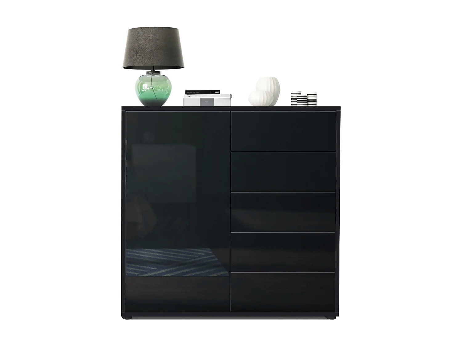 Buffet Ben V2, Commode avec 1 portes et 5 tiroirs, Noir mat/Noir haute brillance (79 x 74 x 36 cm)