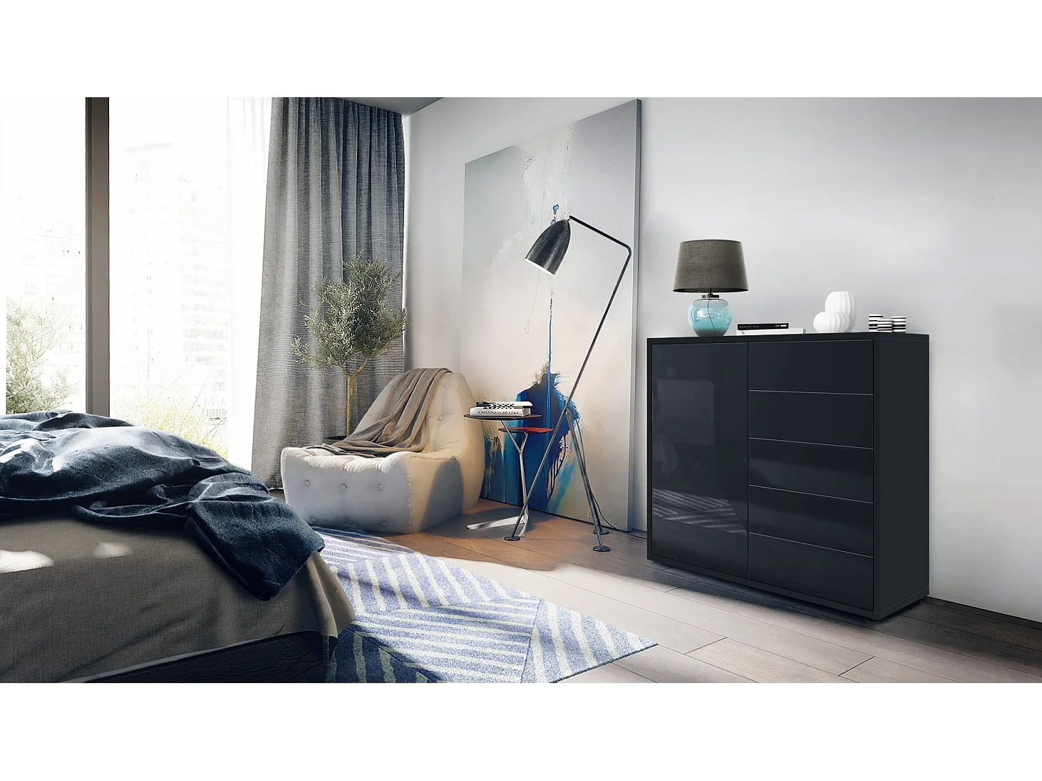 Buffet Ben V2, Commode avec 1 portes et 5 tiroirs, Noir mat/Noir haute brillance (79 x 74 x 36 cm)