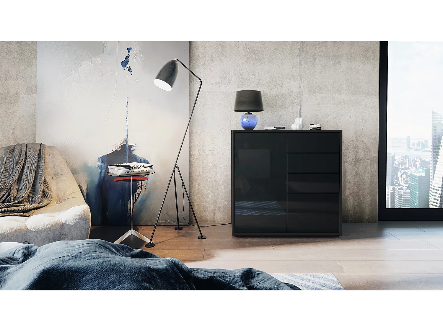 Buffet Ben V2, Commode avec 1 portes et 5 tiroirs, Noir mat/Noir haute brillance (79 x 74 x 36 cm)