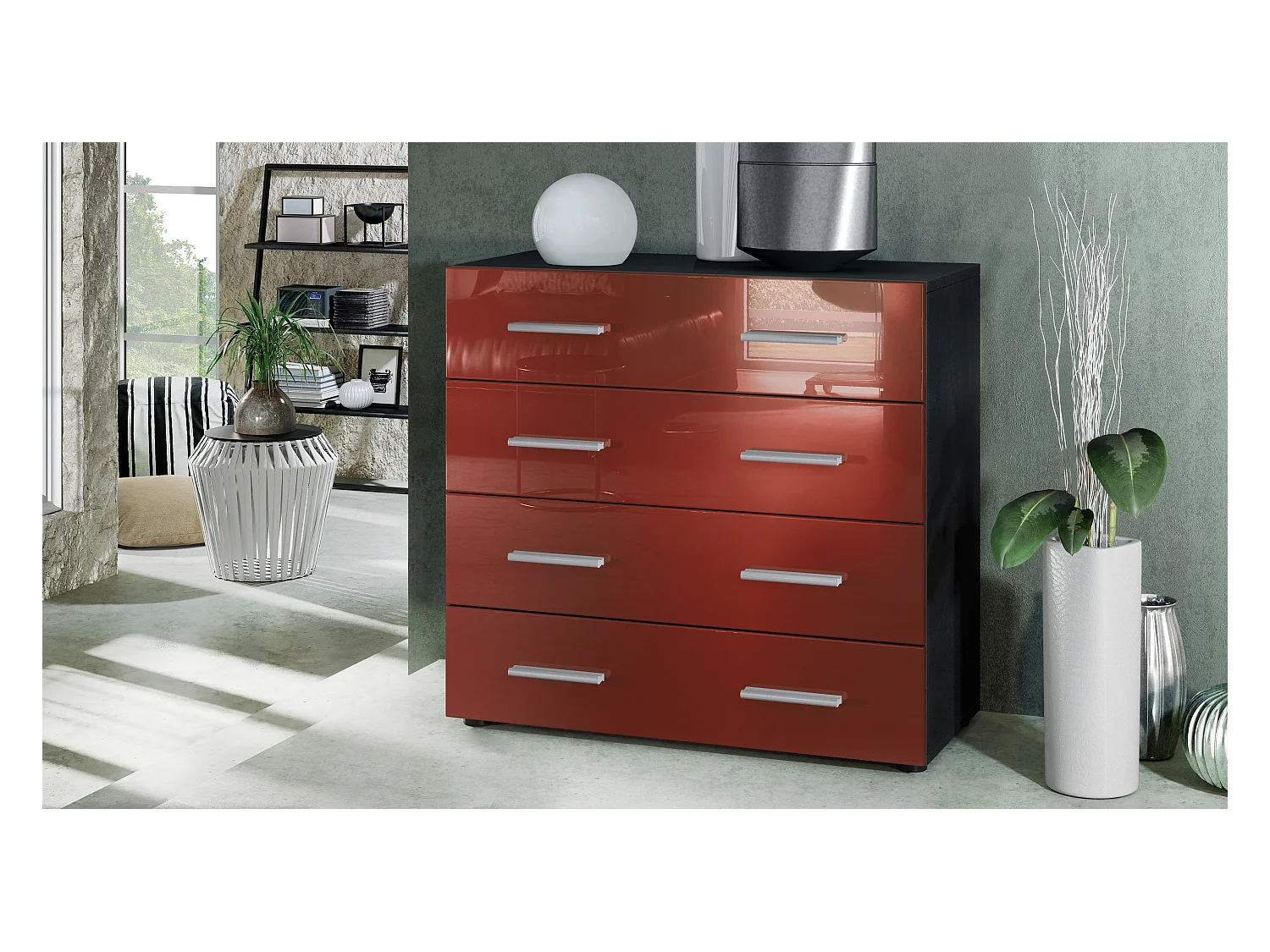 Buffet Pavos, Commode avec 4 tiroirs, noir mat/bordeaux haute brillance (76 x 72 x 35 cm)