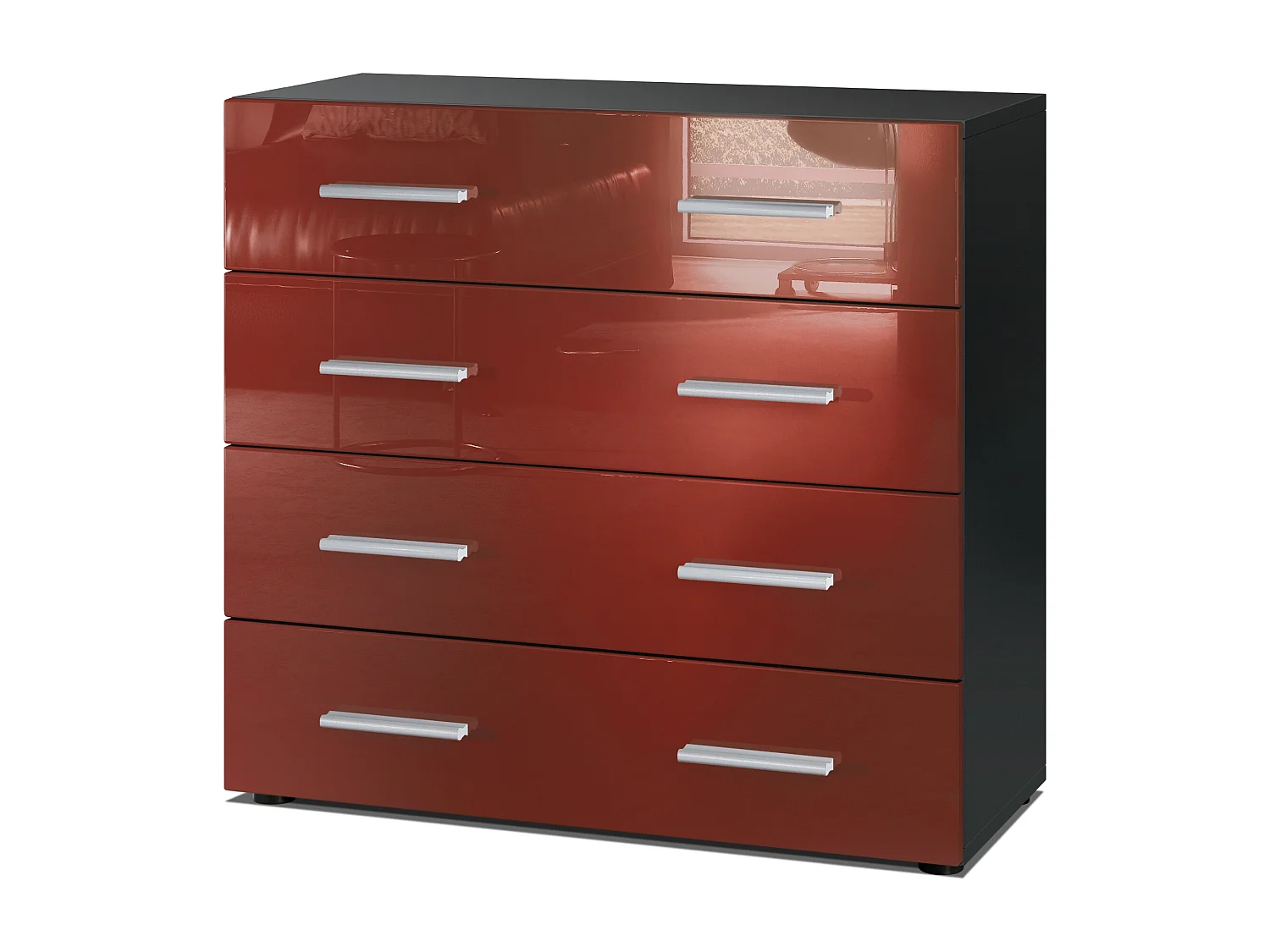 Buffet Pavos, Commode avec 4 tiroirs, noir mat/bordeaux haute brillance (76 x 72 x 35 cm)