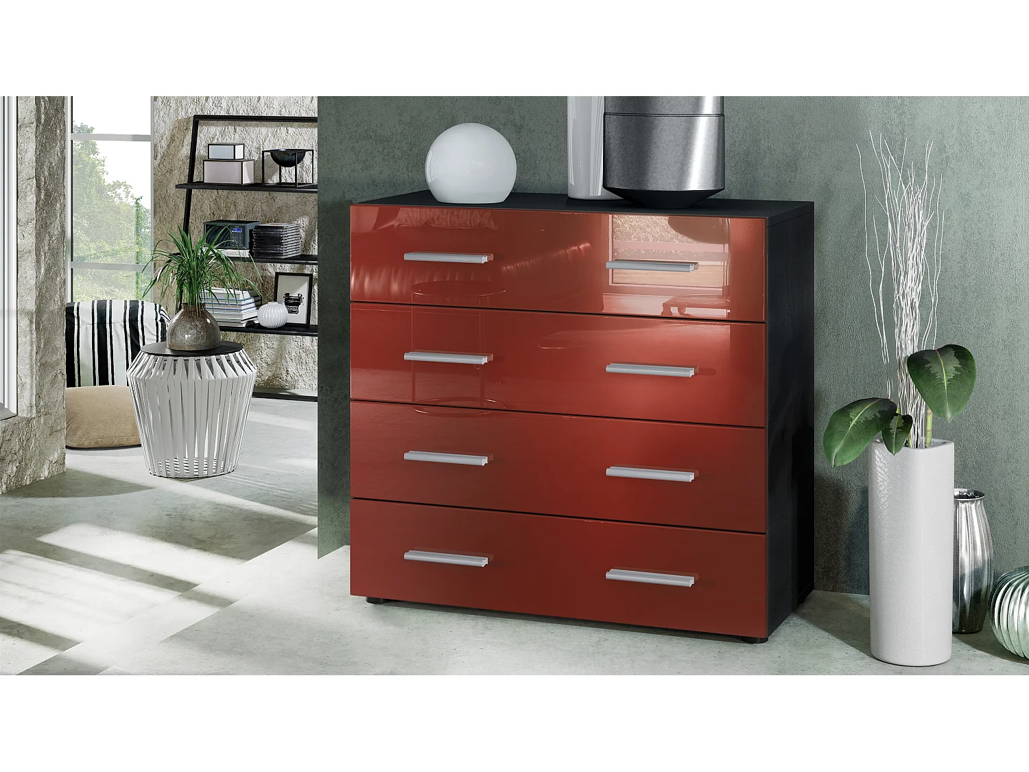 Buffet Pavos, Commode avec 4 tiroirs, noir mat/bordeaux haute brillance (76 x 72 x 35 cm)