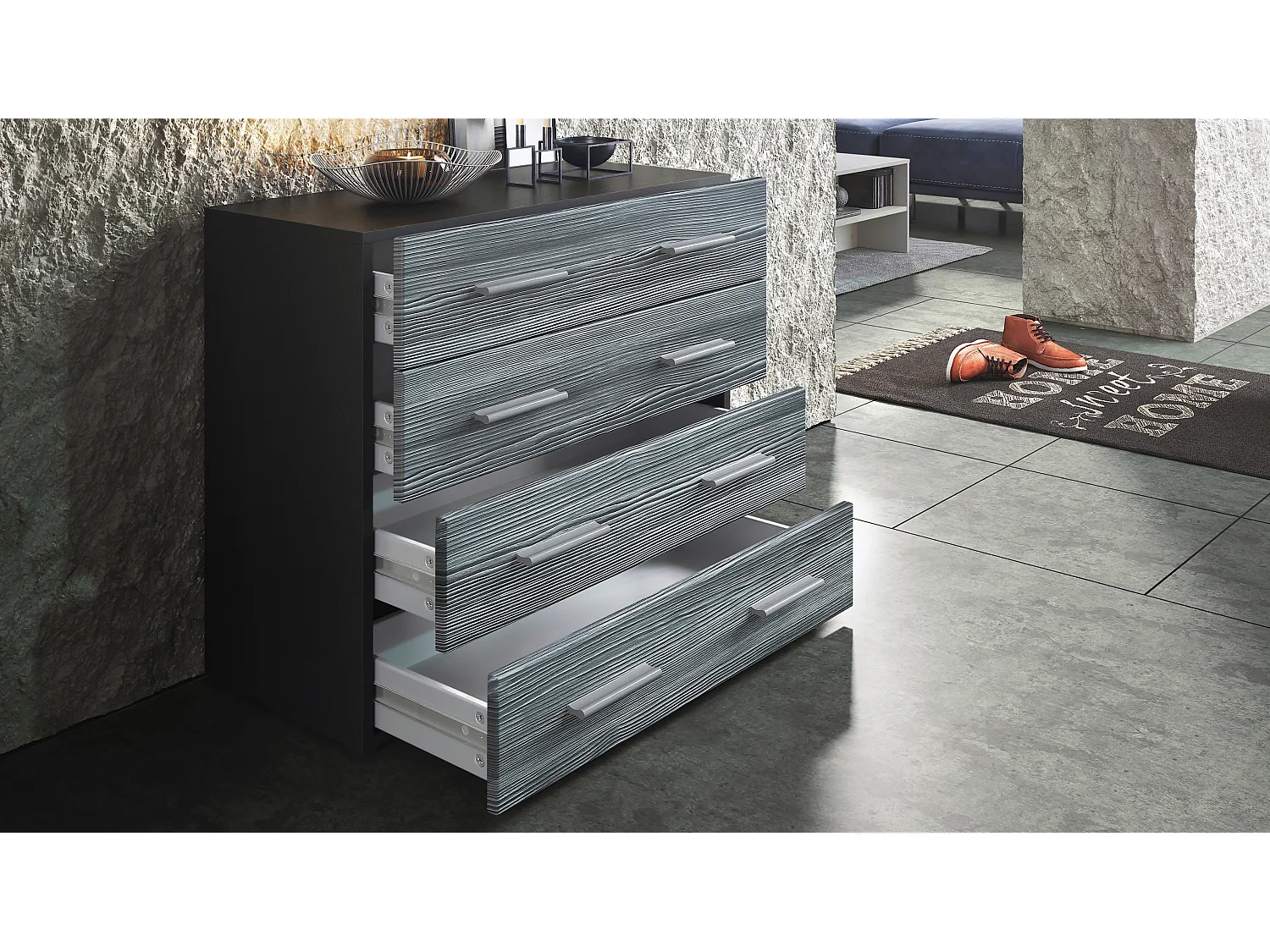 Buffet Pavos, Commode avec 4 tiroirs, noir mat/bordeaux haute brillance (76 x 72 x 35 cm)