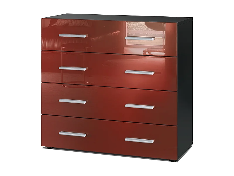 Buffet Pavos, Commode avec 4 tiroirs, noir mat/bordeaux haute brillance (76 x 72 x 35 cm)