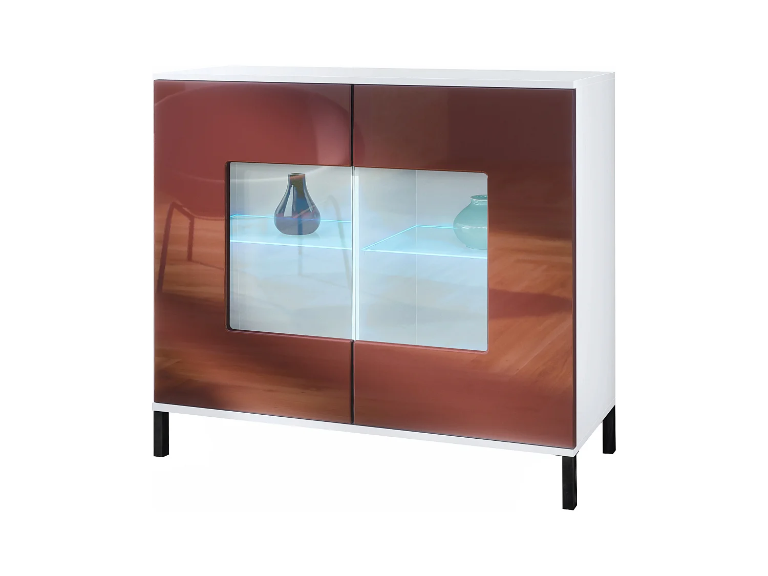 Commode Grömitz V3, Armoire de cuisine moderne avec 2 grandes portes vitrées incl. éclairage RGB blanc mat / bordeaux haute brillance (92,5 x 83.5 x 35)