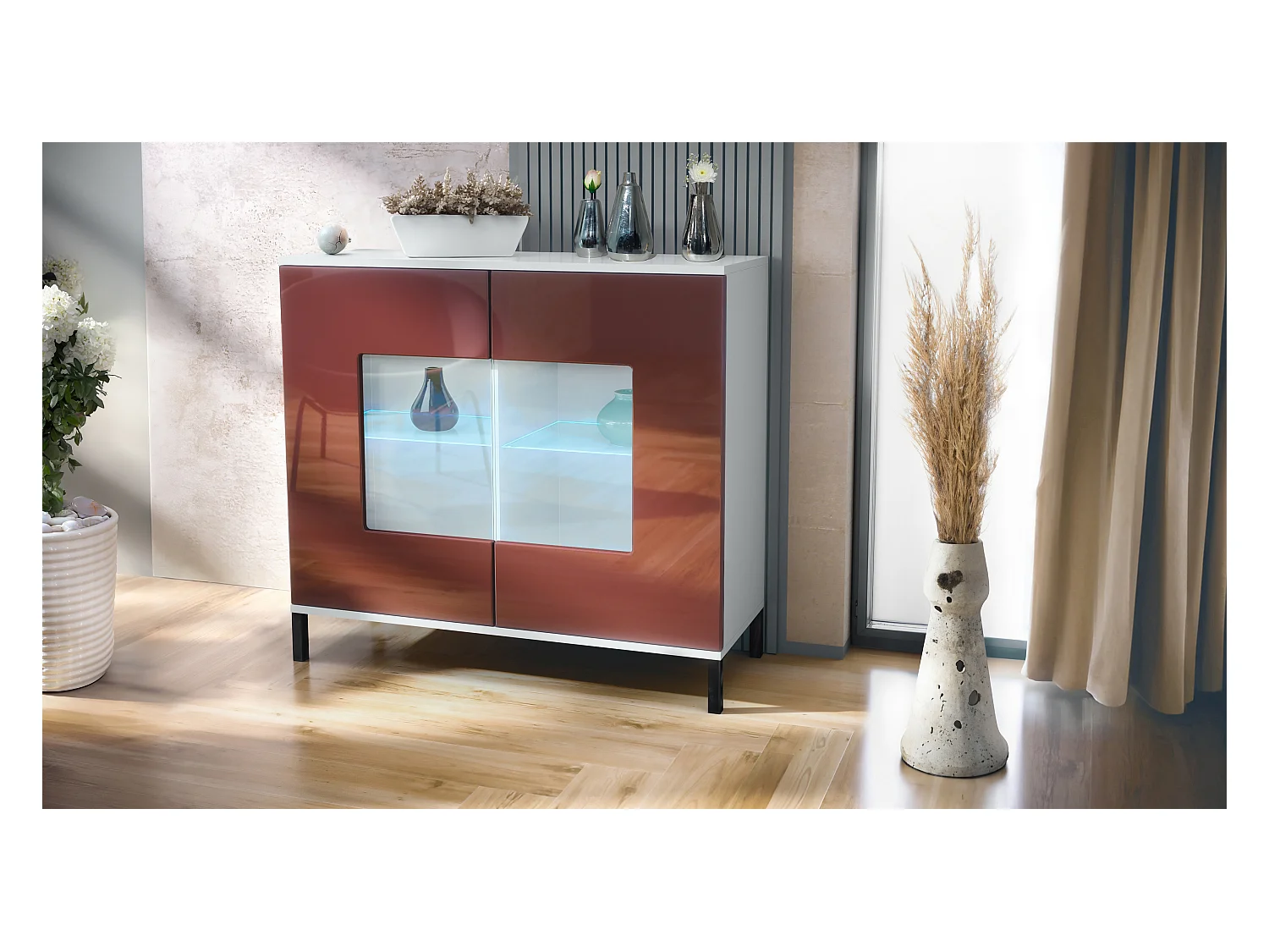 Commode Grömitz V3, Armoire de cuisine moderne avec 2 grandes portes vitrées incl. éclairage RGB blanc mat / bordeaux haute brillance (92,5 x 83.5 x 35)