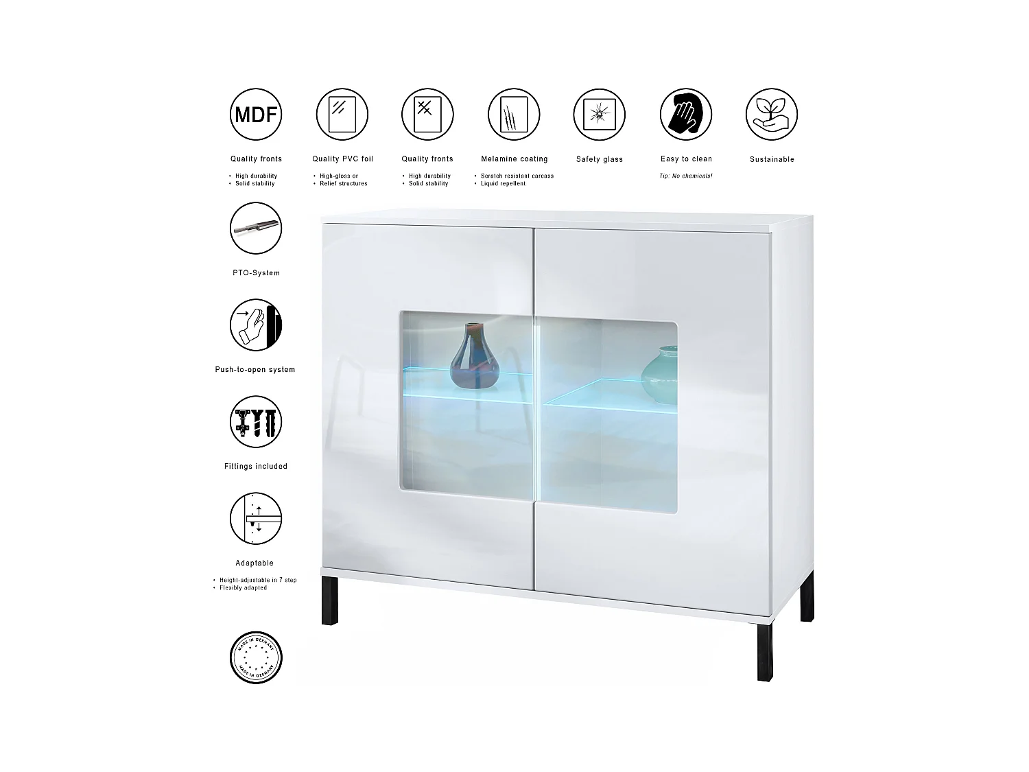 Commode Grömitz V3, Armoire de cuisine moderne avec 2 grandes portes vitrées incl. éclairage RGB blanc mat / bordeaux haute brillance (92,5 x 83.5 x 35)