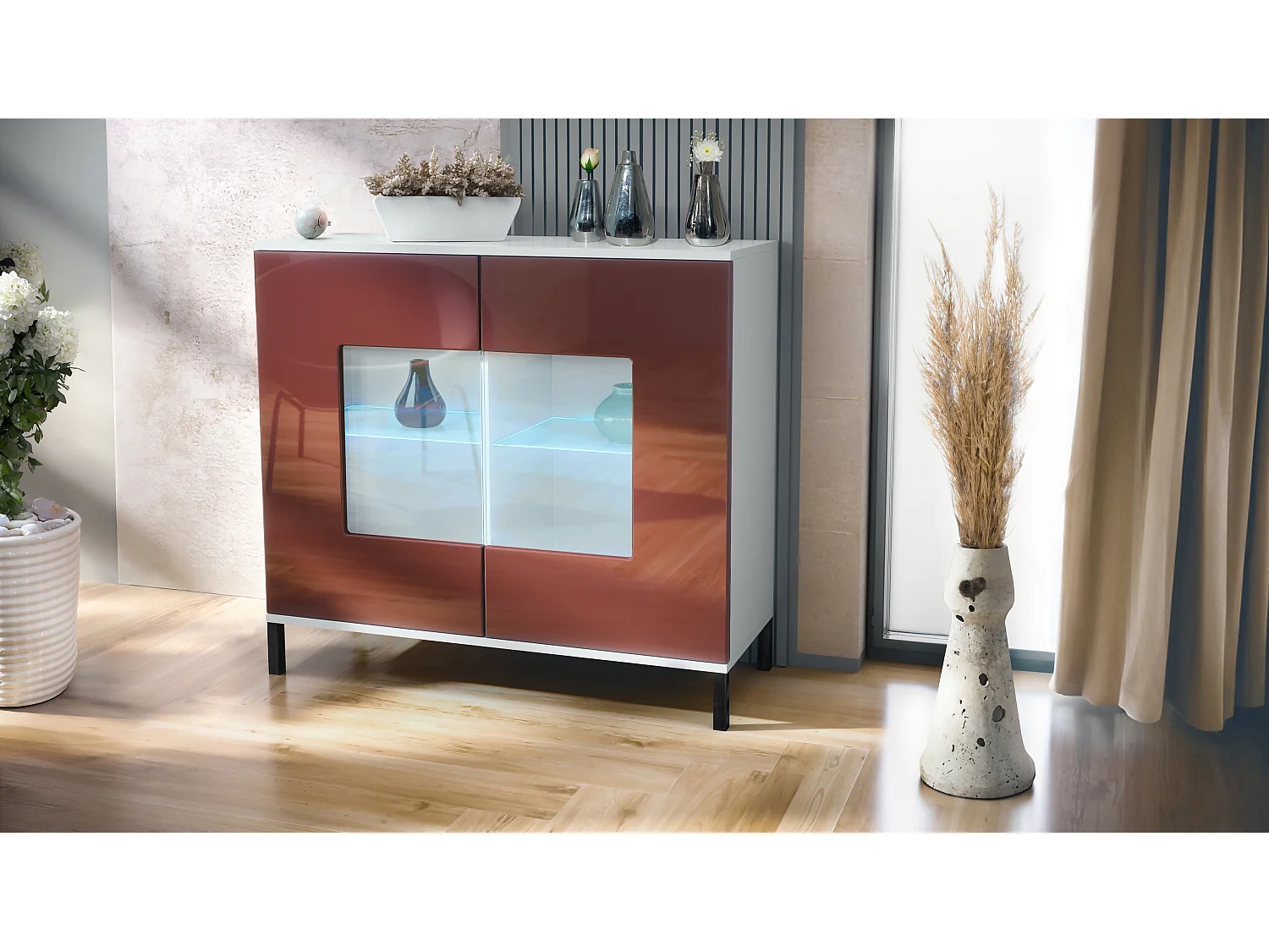 Commode Grömitz V3, Armoire de cuisine moderne avec 2 grandes portes vitrées incl. éclairage RGB blanc mat / bordeaux haute brillance (92,5 x 83.5 x 35)