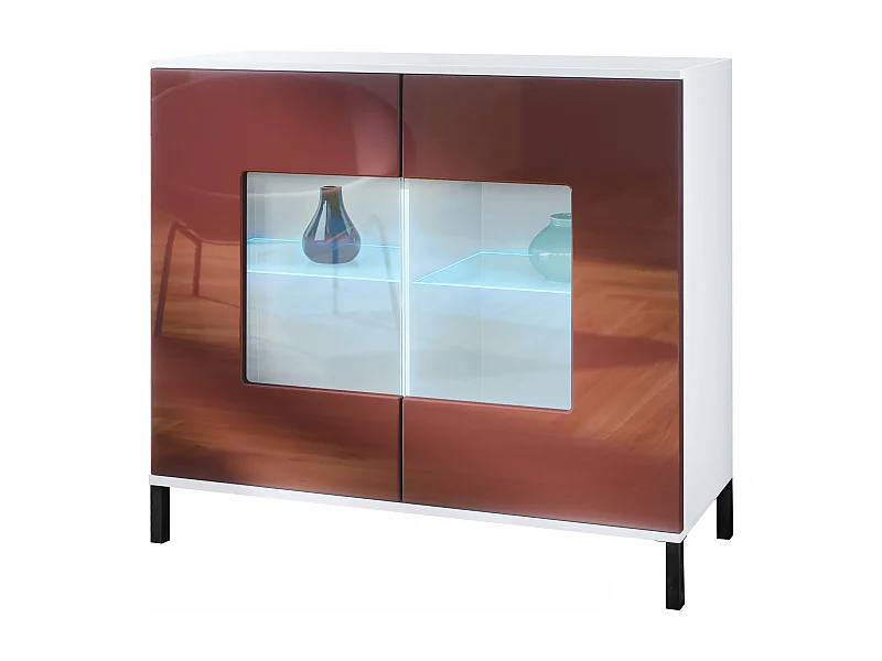 Commode Grömitz V3, Armoire de cuisine moderne avec 2 grandes portes vitrées incl. éclairage RGB blanc mat / bordeaux haute brillance (92,5 x 83.5 x 35)