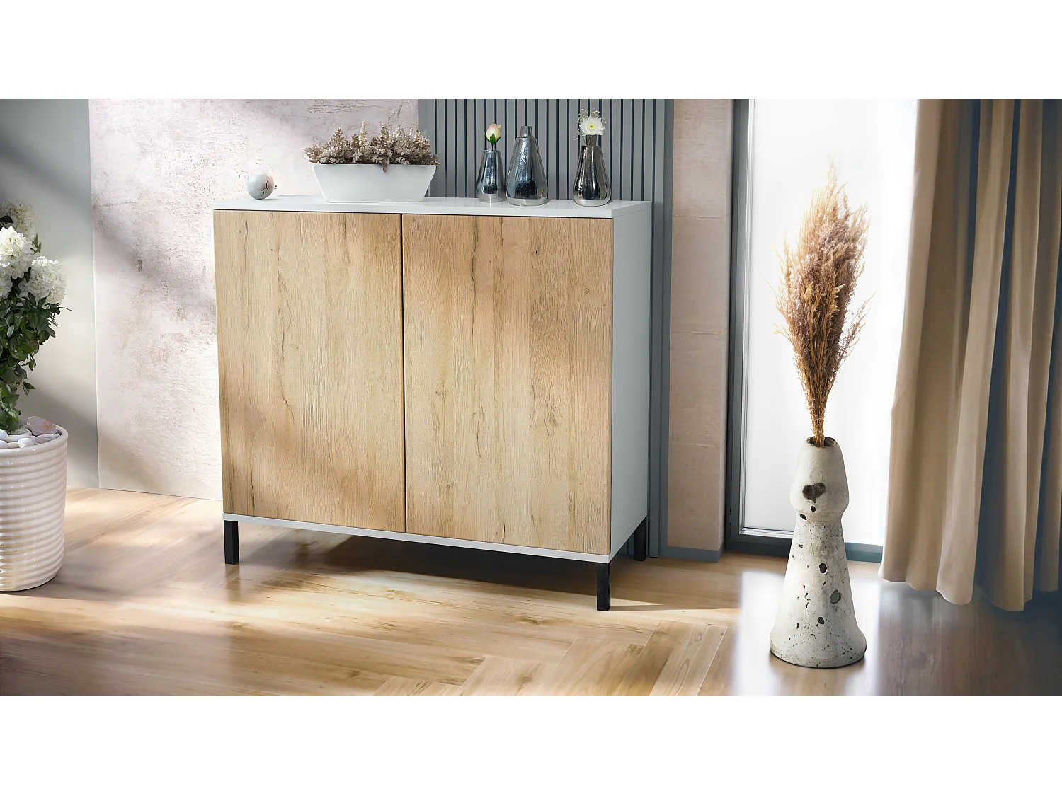 Commode Skadu V3, Buffet de Cuisine Moderne avec 2 Grandes Portes blanc mat / chêne nature (92,5 x 83.5 x 35)