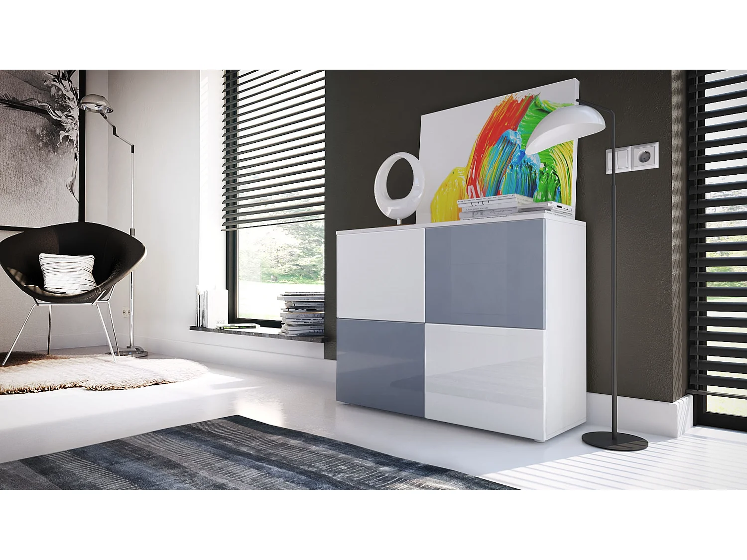 KOMMODE Rova Weiß Hochglanz / Grau Hochglanz