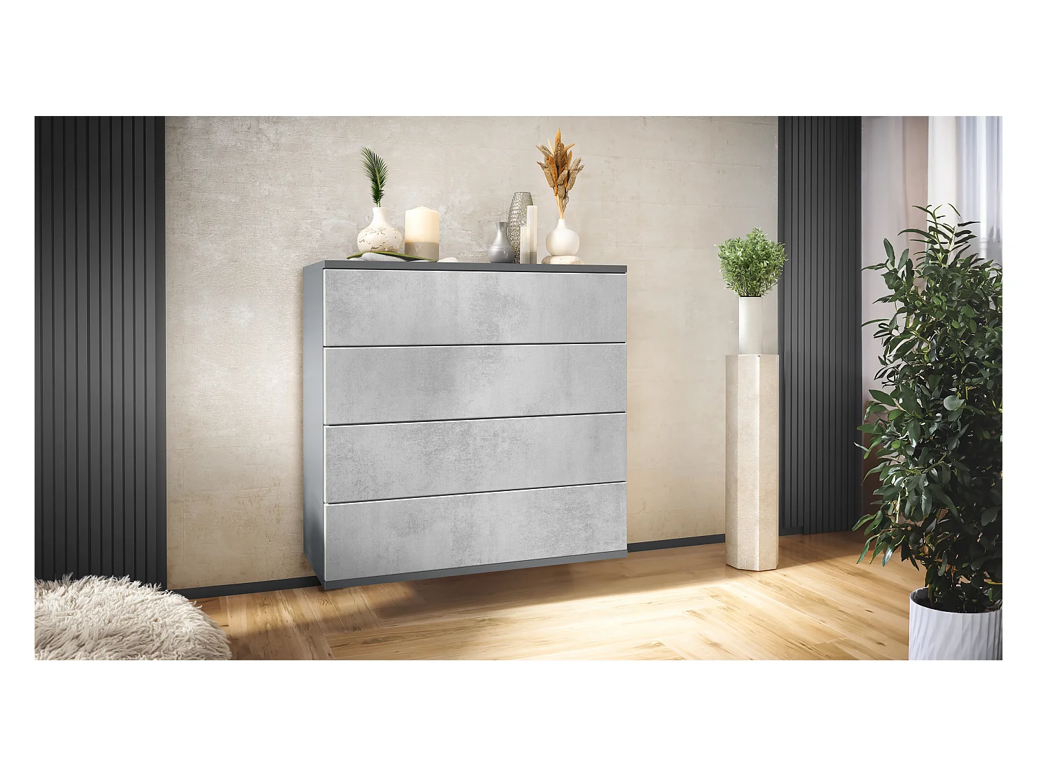 Commode suspendue Pavos V3, Buffet avec 4 tiroirs anthracite mat/aspect béton oxyde (76 x 76 x 35 cm)