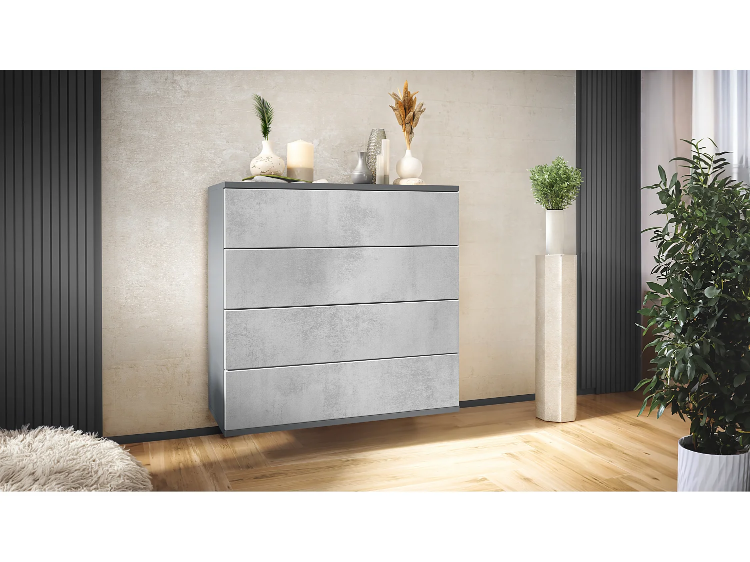 Cassettiera sospesa Pavos V3, Credenza con 4 cassetti antracite opaco /ottica cermento ossido (76 x 76 x 35 cm)