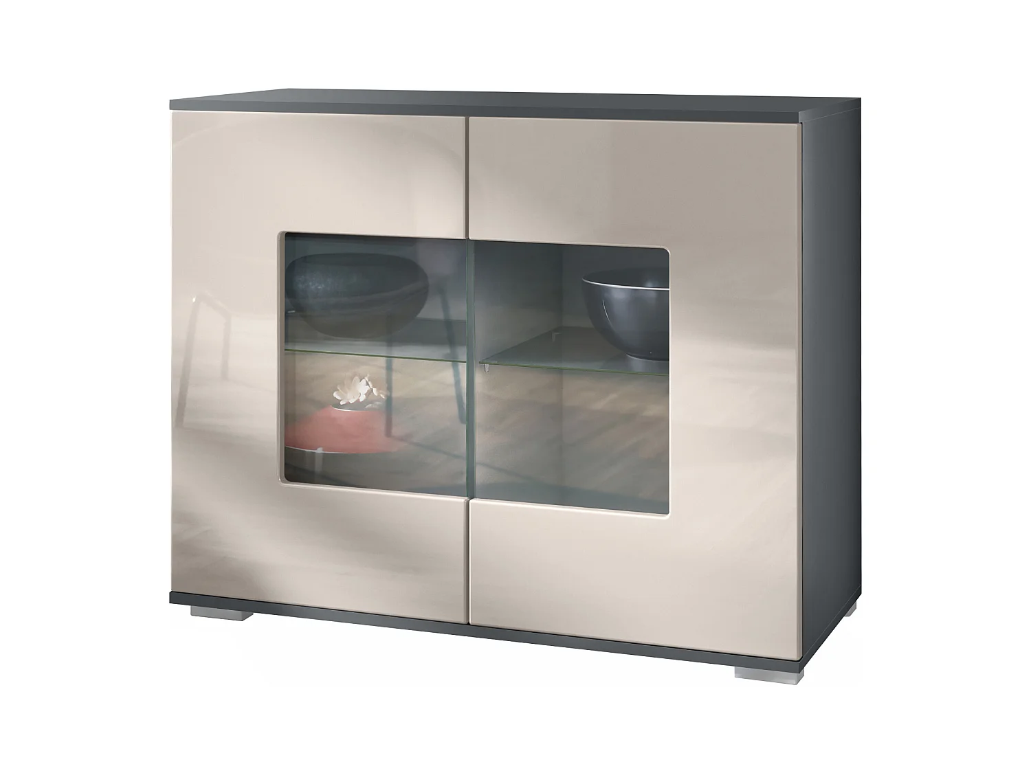 Commode Grömitz V3, Armoire de cuisine moderne avec 2 grandes portes vitrées anthracite mat / gris sable haute brillance (92,5 x 75.5 x 35)