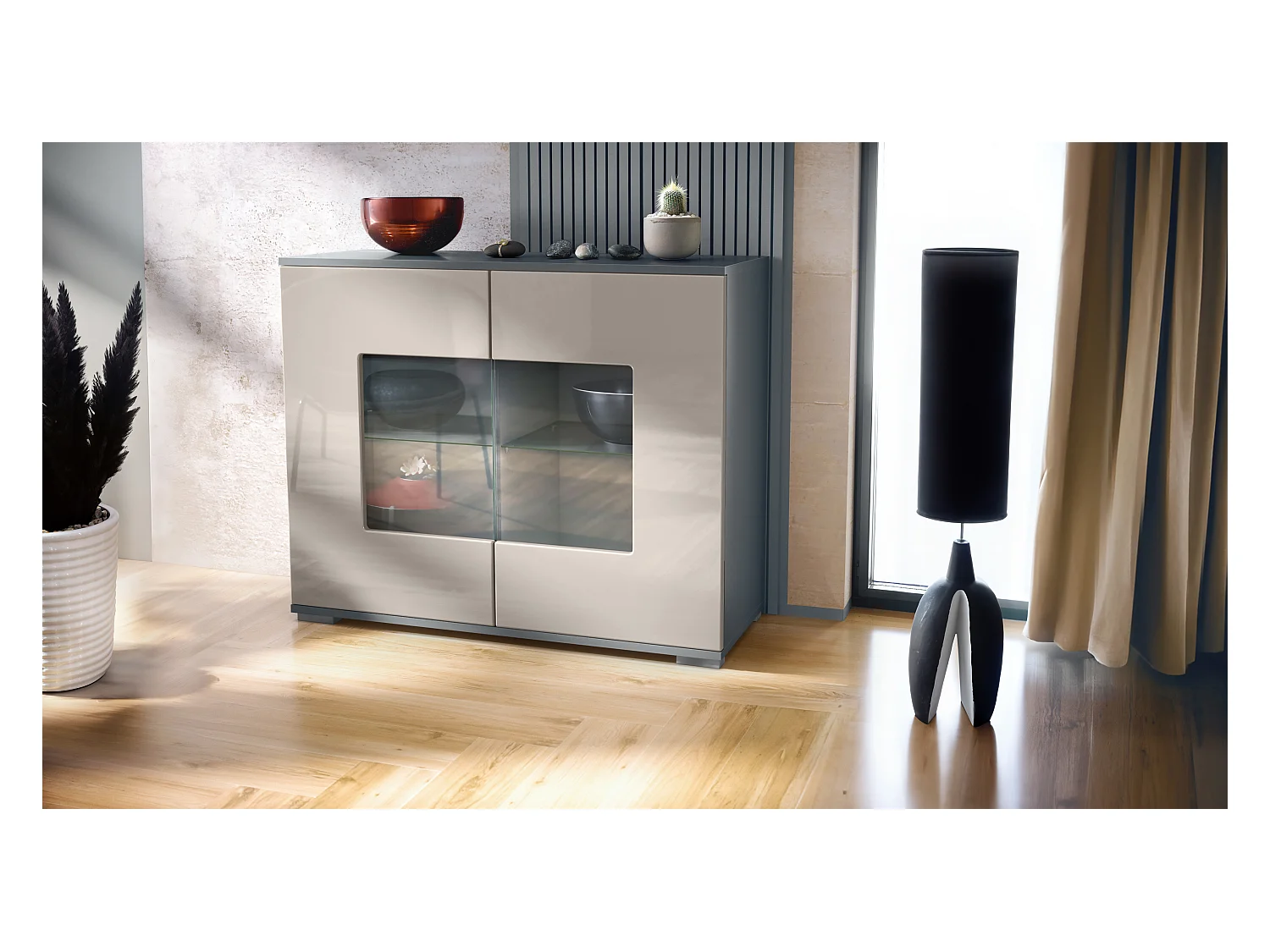 Commode Grömitz V3, Armoire de cuisine moderne avec 2 grandes portes vitrées anthracite mat / gris sable haute brillance (92,5 x 75.5 x 35)