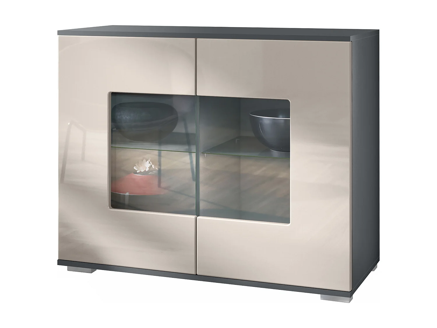 Cómoda Grömitz V3, Moderno armario de cocina con 2 grandes puertas de cristal antracita mate / gris arena de alto brillo (92,5 x 75.5 x 35)