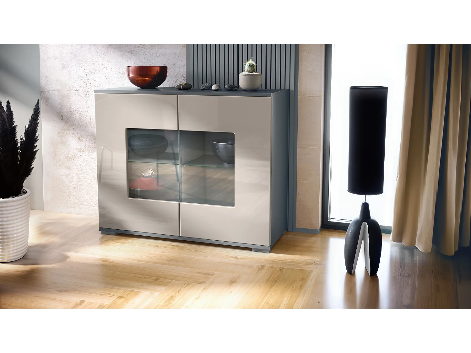 Cómoda Grömitz V3, Moderno armario de cocina con 2 grandes puertas de cristal antracita mate / gris arena de alto brillo (92,5 x 75.5 x 35)