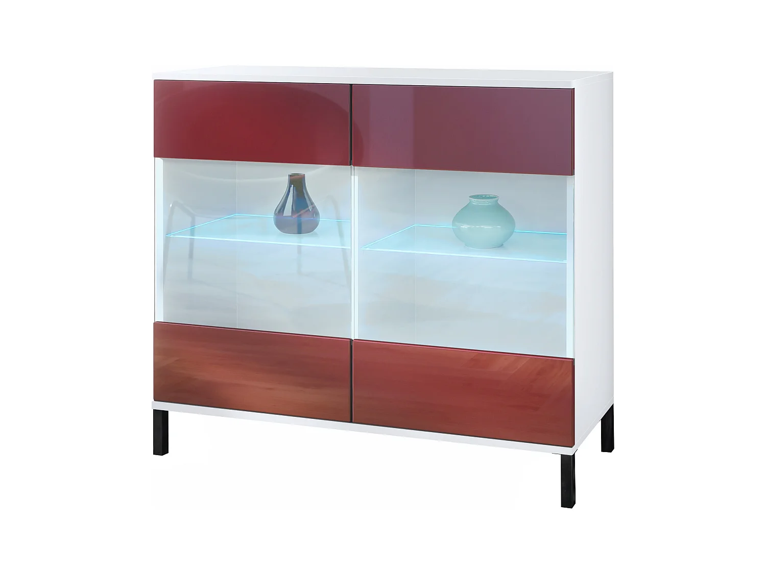 Commode Bari V3, Armoire de cuisine moderne avec 2 grandes portes vitrées incl. éclairage RGB blanc mat / bordeaux haute brillance (92,5 x 83.5 x 35)